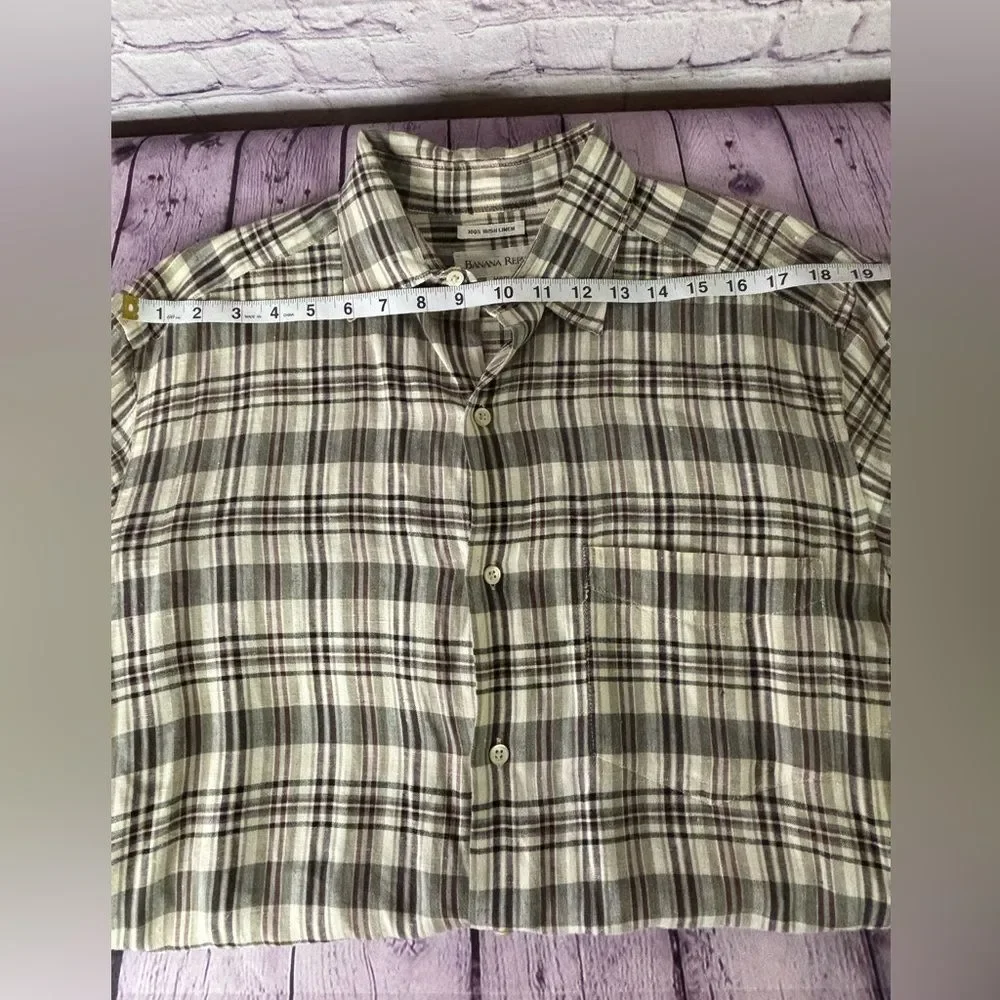 Banana Republic Cream Tan Burgundy Plaid Classic 100% Irish Linen Button Up M